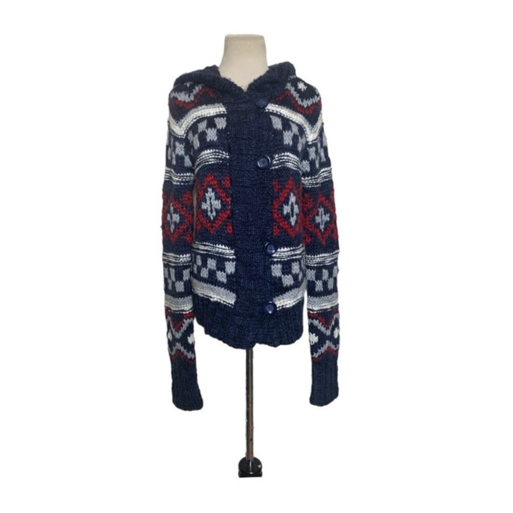 Kenji blue red handknitted hooded long sleeves sweater size L